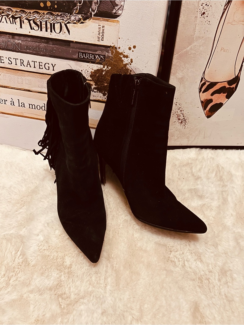 Veronica Beard Black Suede Fringe Pointed-Toe Ankle Boots Size 5